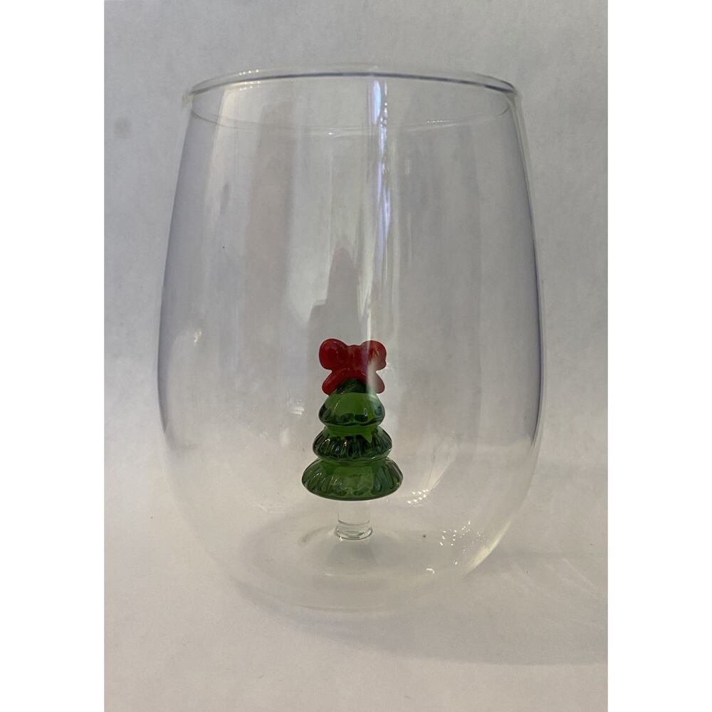 Anthropologie Jolly Icon Stemless Wine Glass Christmas Tree Festive Holiday